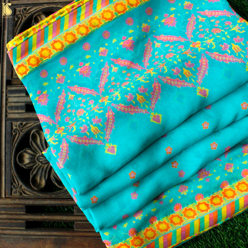 NERGİS - Blue Pure Georgette Silk Print Saree - Khinkhwab