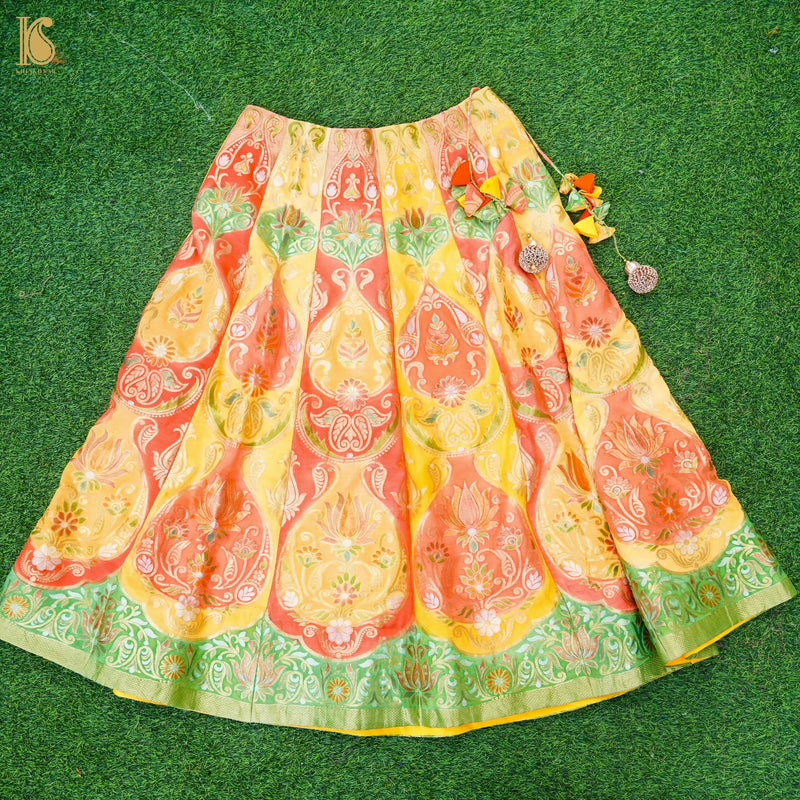 Handloom Pure Georgette Yellow & Red Banarasi Kalidar Stitched Rangkat Lehenga - Khinkhwab