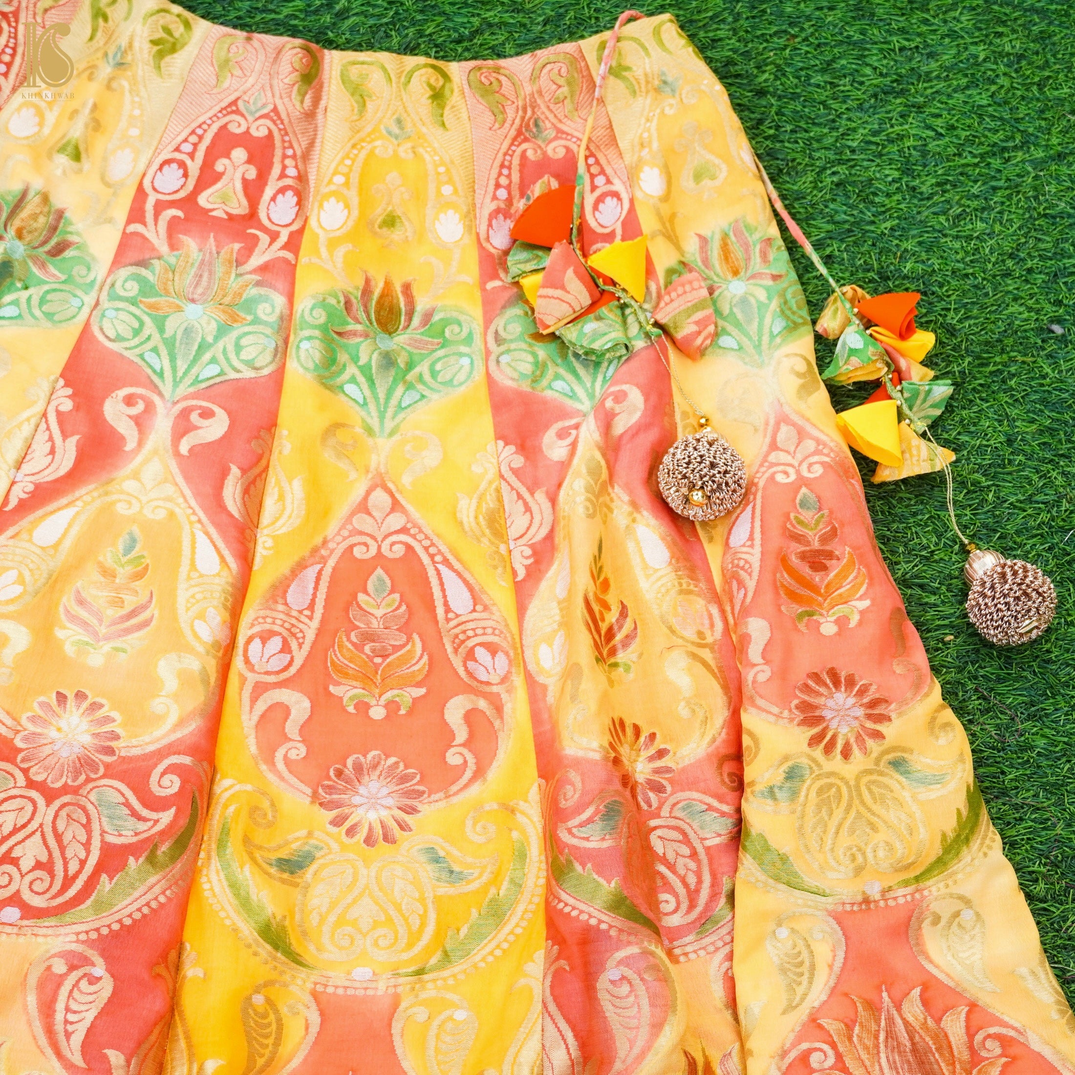 Handloom Pure Georgette Yellow &amp; Red Banarasi Kalidar Stitched Rangkat Lehenga - Khinkhwab