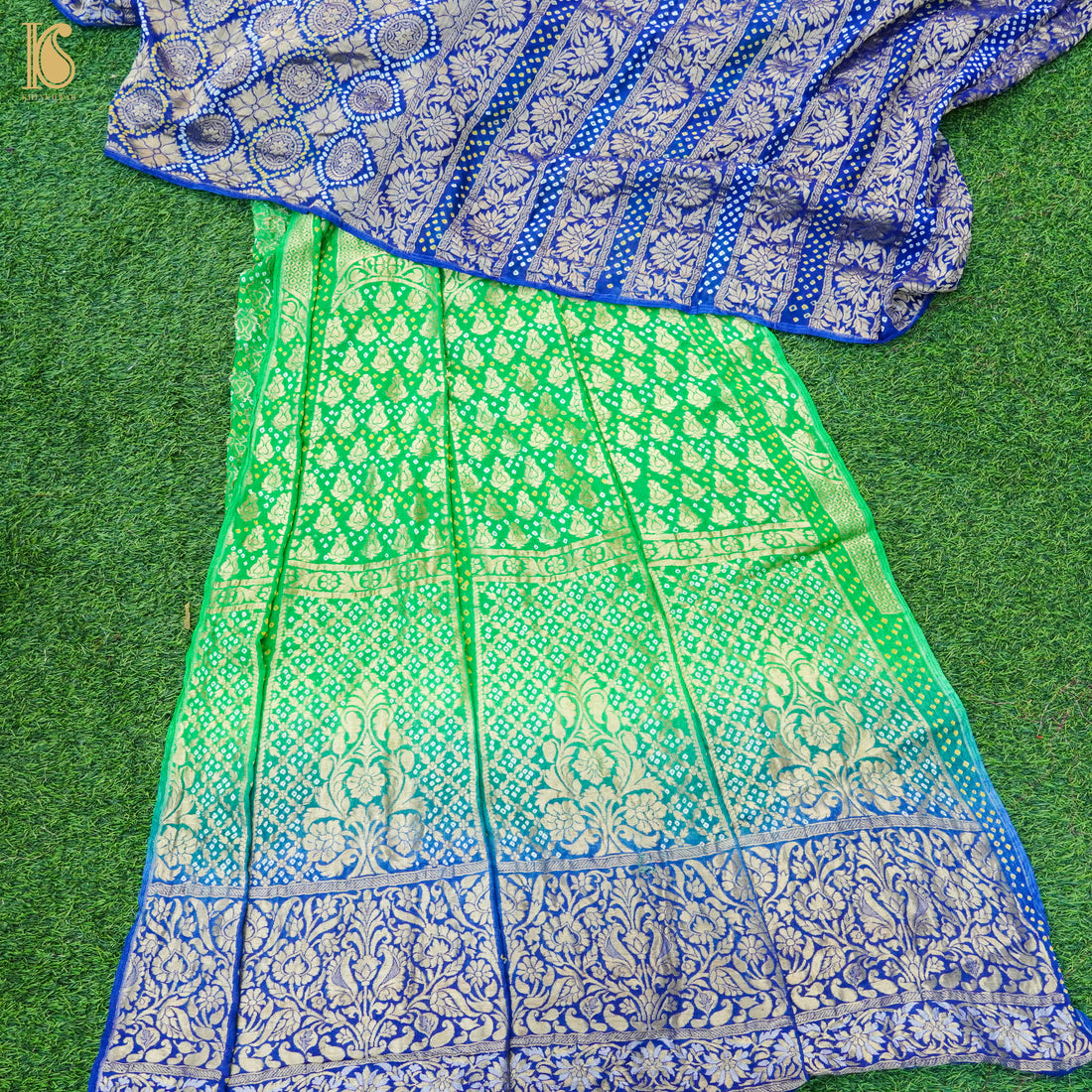 Green &amp; Blue Georgette Handloom Banarasi Bandhani Lehenga Set - Khinkhwab