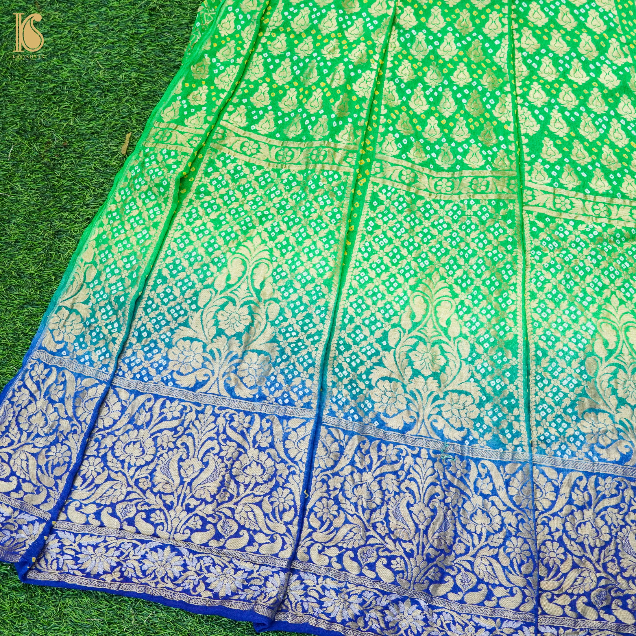 Green &amp; Blue Georgette Handloom Banarasi Bandhani Lehenga Set - Khinkhwab