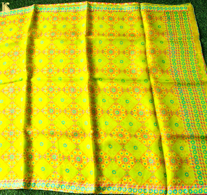 NİLÜFER - Chartreuse Yellow Pure Organza Print Saree - Khinkhwab