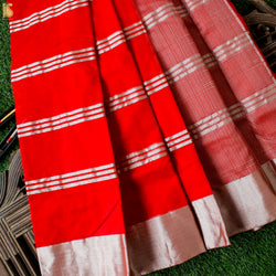 Red Pure Silk Handwoven Chanderi Stripes Saree - Khinkhwab