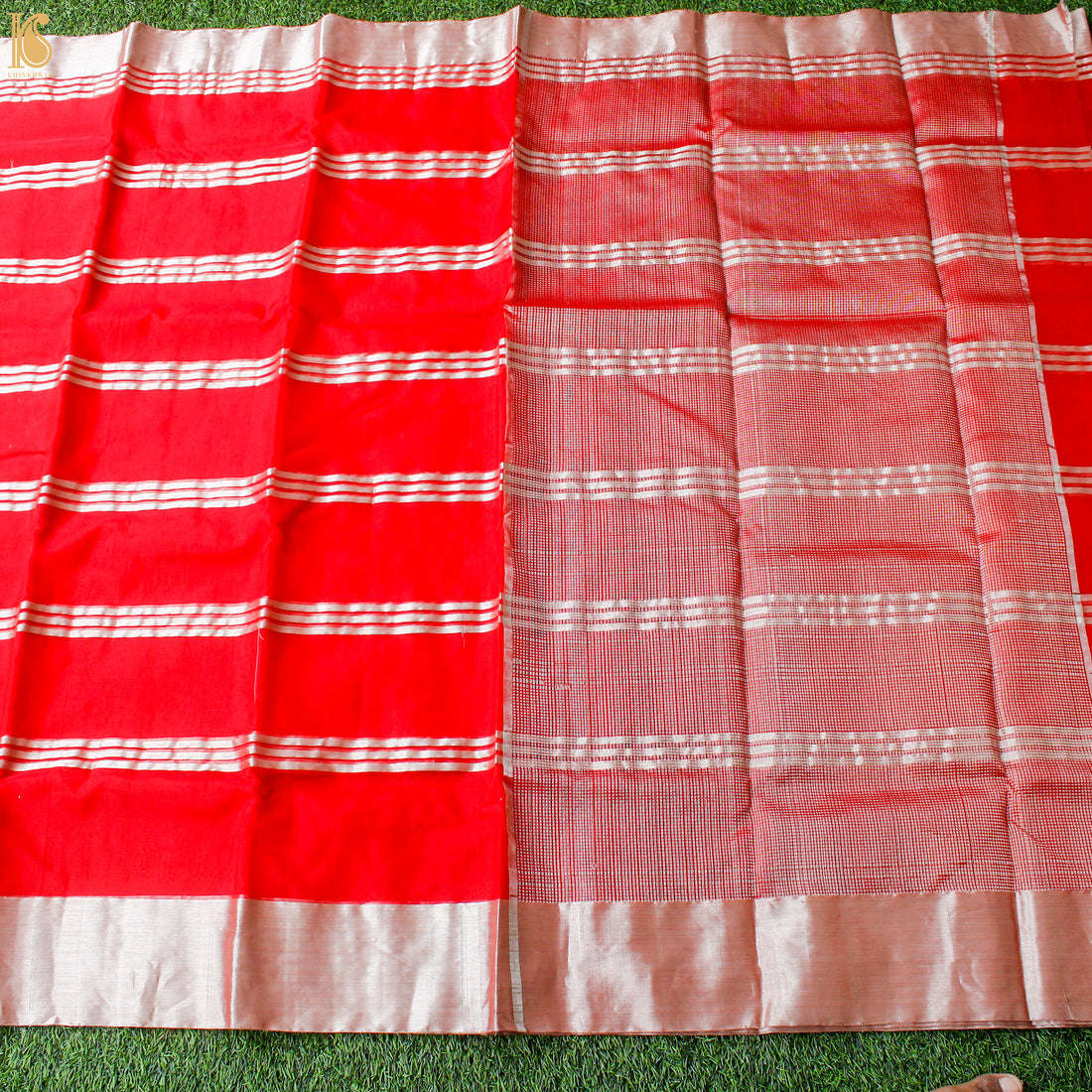 Red Pure Silk Handwoven Chanderi Stripes Saree - Khinkhwab