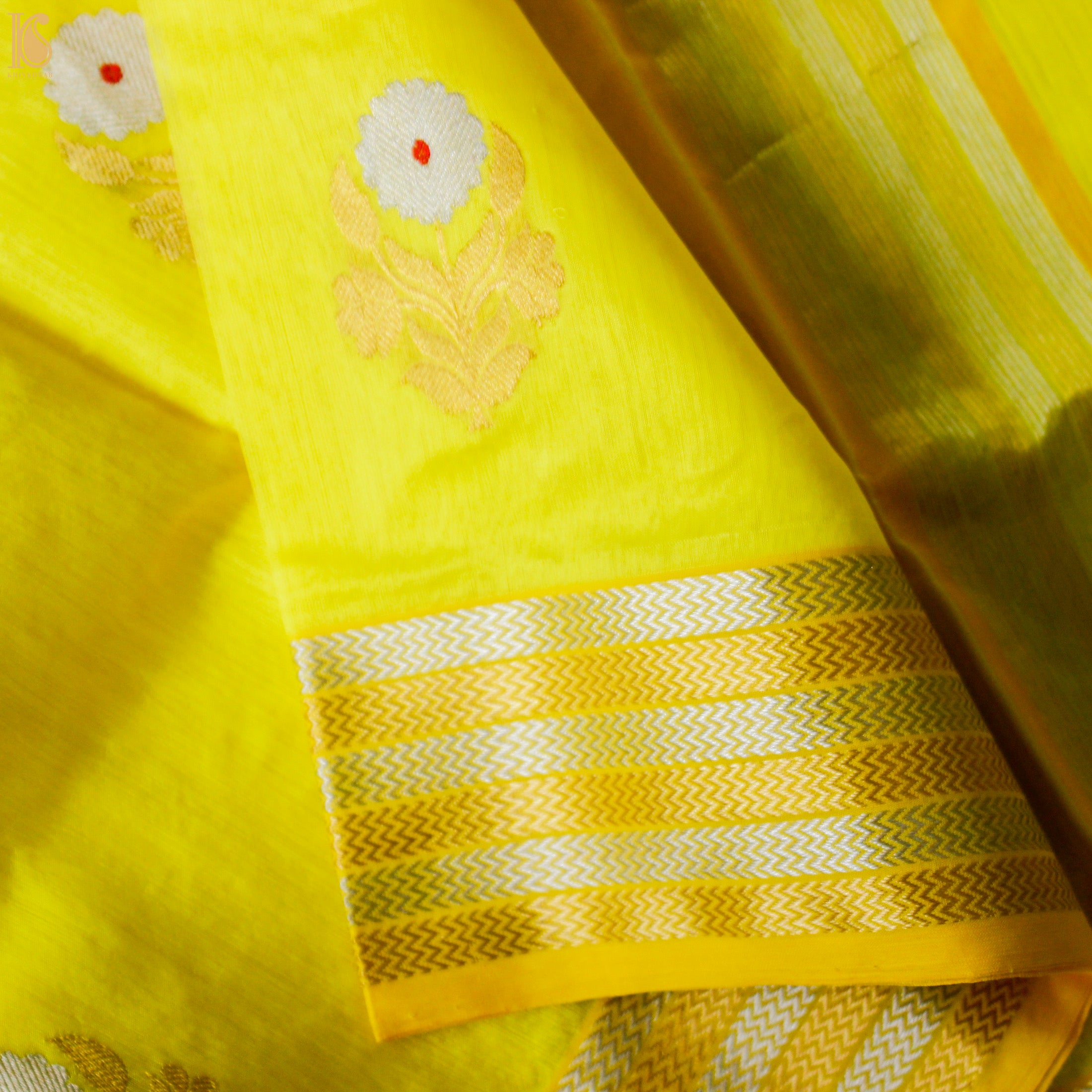 Golden Fizz Yellow Pure Handwoven Chanderi Eknaliya Meena Saree - Khinkhwab