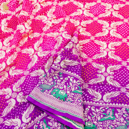 Purple &amp; Pink Georgette Handloom Bandhani Banarasi Peacock Dupatta - Khinkhwab