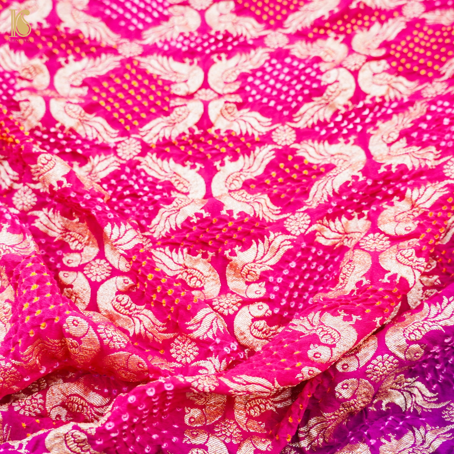 Purple &amp; Pink Georgette Handloom Bandhani Banarasi Peacock Dupatta - Khinkhwab
