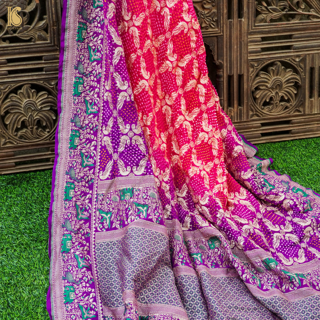 Purple & Pink Georgette Handloom Bandhani Banarasi Peacock Dupatta - Khinkhwab