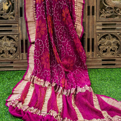 Jazzberry Jam Pure Georgette Handloom Banarasi Bandhani Saree - Khinkhwab