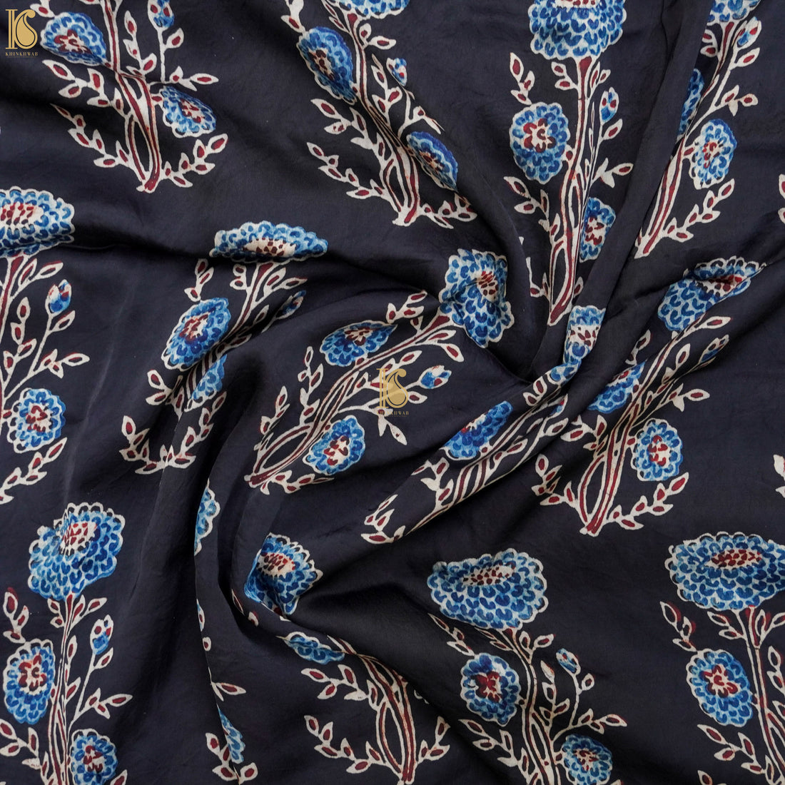 Black Hand Block Ajrakh Modal Silk Fabric - Khinkhwab