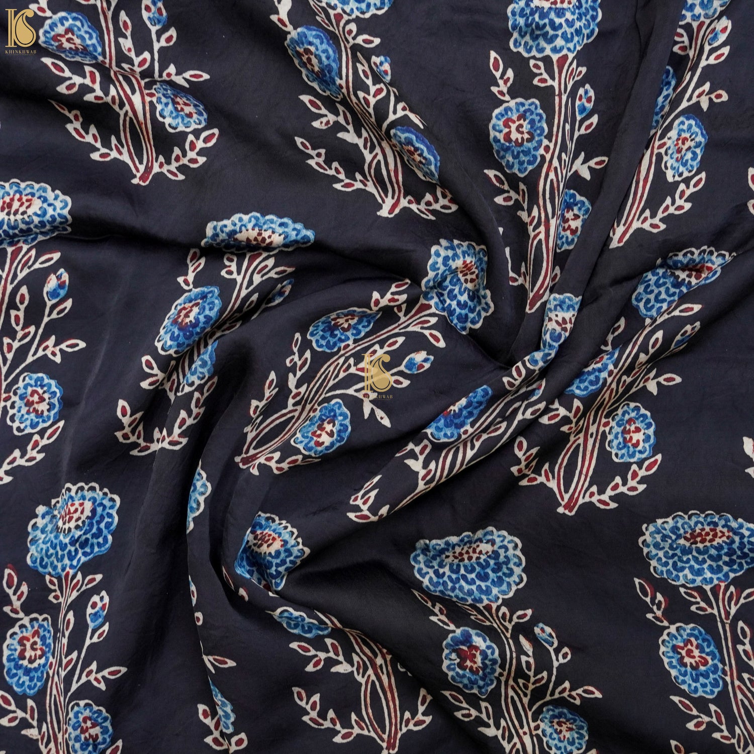 Black Hand Block Ajrakh Modal Silk Fabric - Khinkhwab