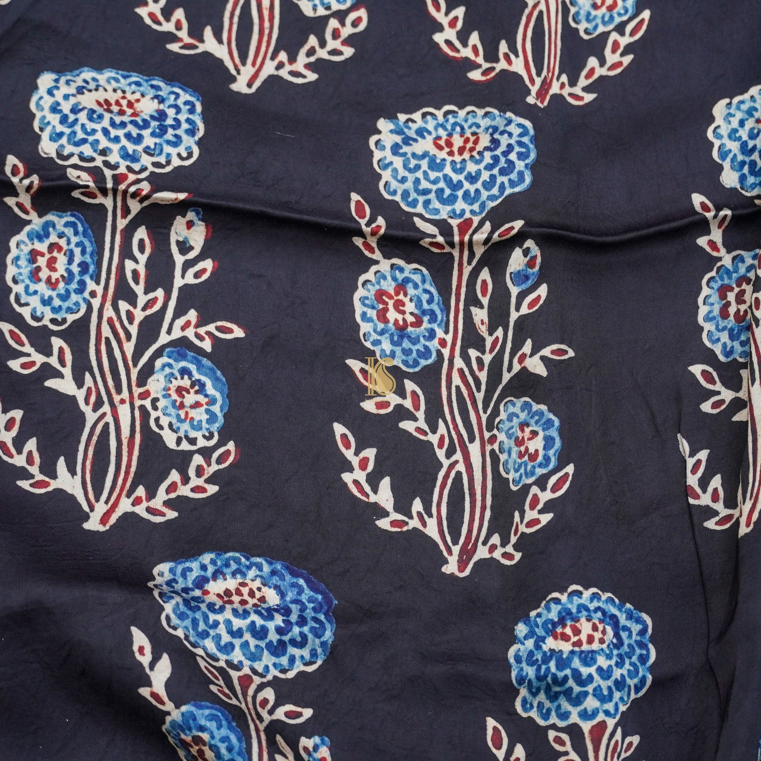 Black Hand Block Ajrakh Modal Silk Fabric - Khinkhwab