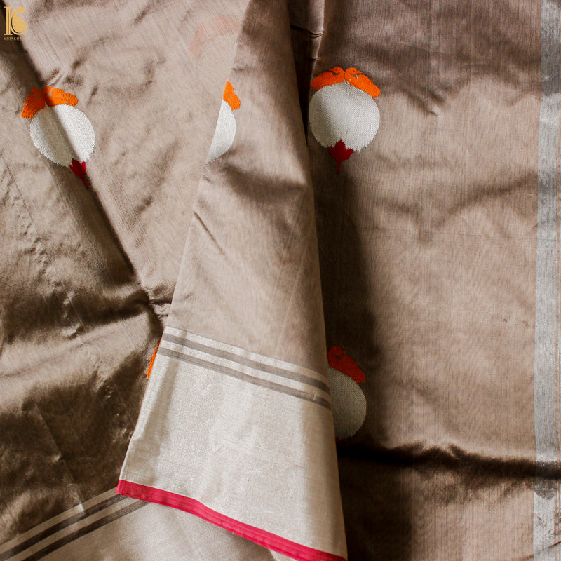 Wafer Brown Pure Silk Handwoven Chanderi Eknaliya Meena Saree - Khinkhwab
