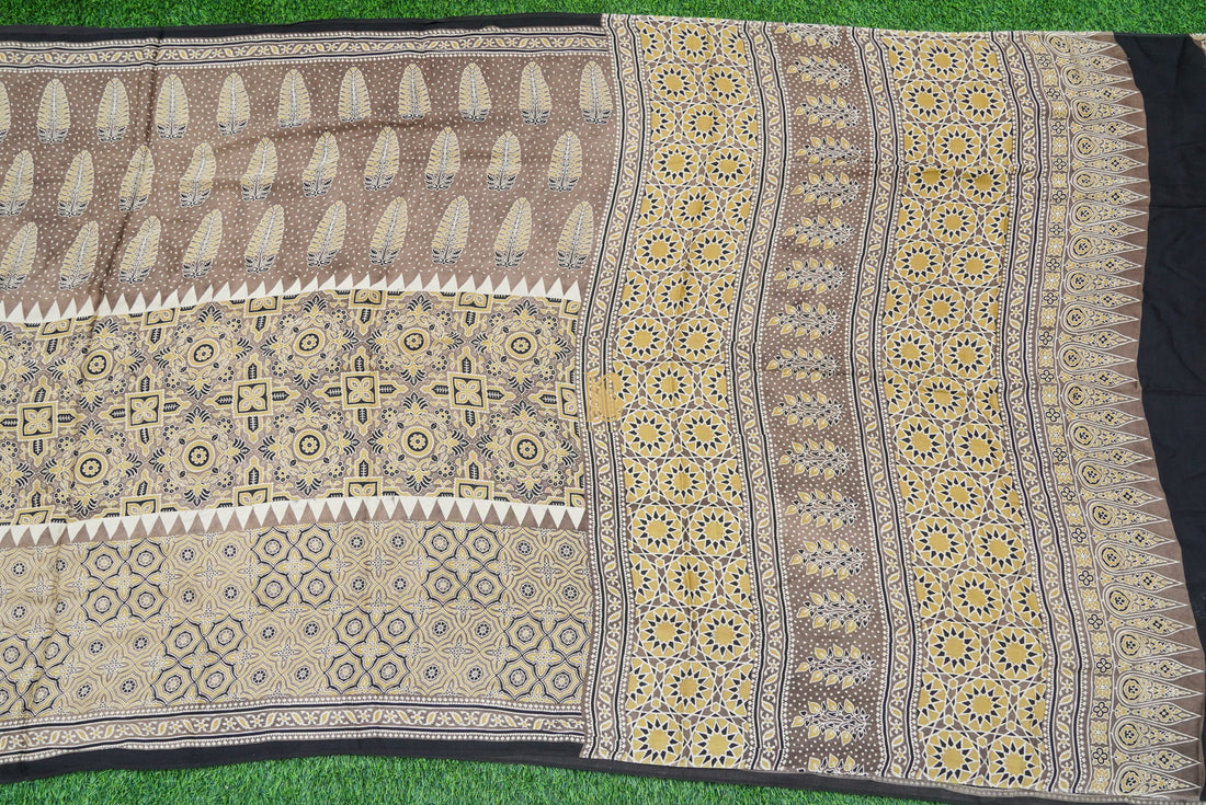 Silk Brown Hand Block Ajrakh Modal Silk Saree - Khinkhwab