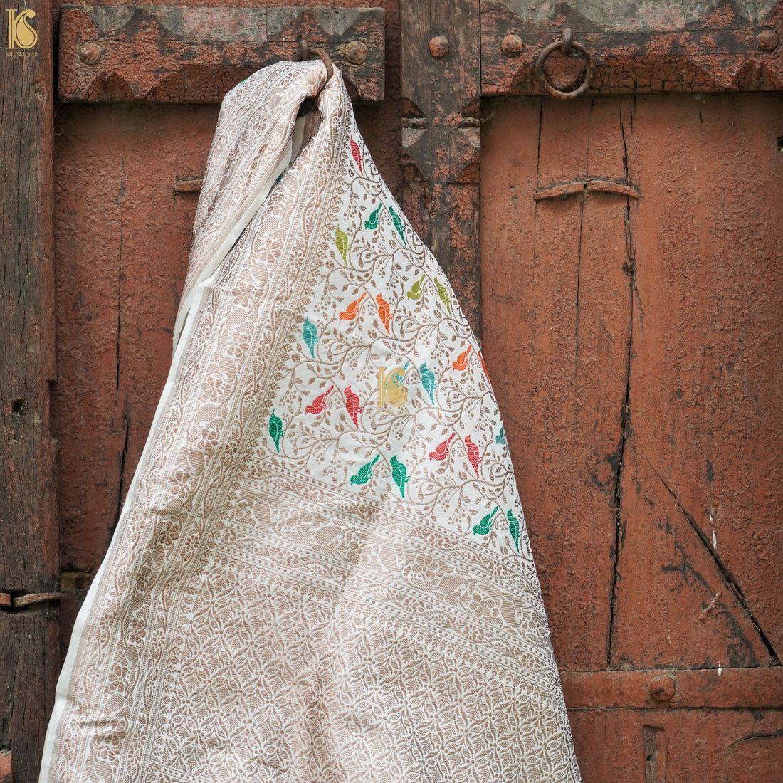 White Pure Katan Silk Handwoven Banarasi Jaal Bird Dupatta - Preorder - Khinkhwab