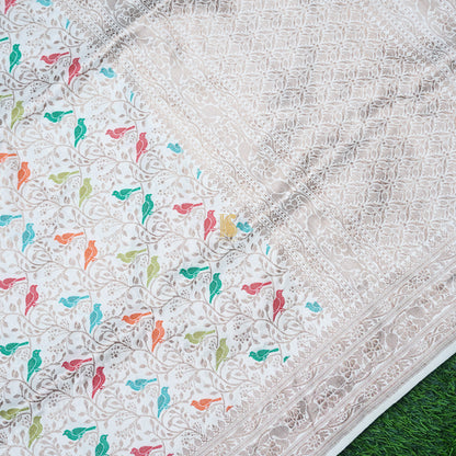 White Pure Katan Silk Handwoven Banarasi Jaal Bird Dupatta - Preorder - Khinkhwab