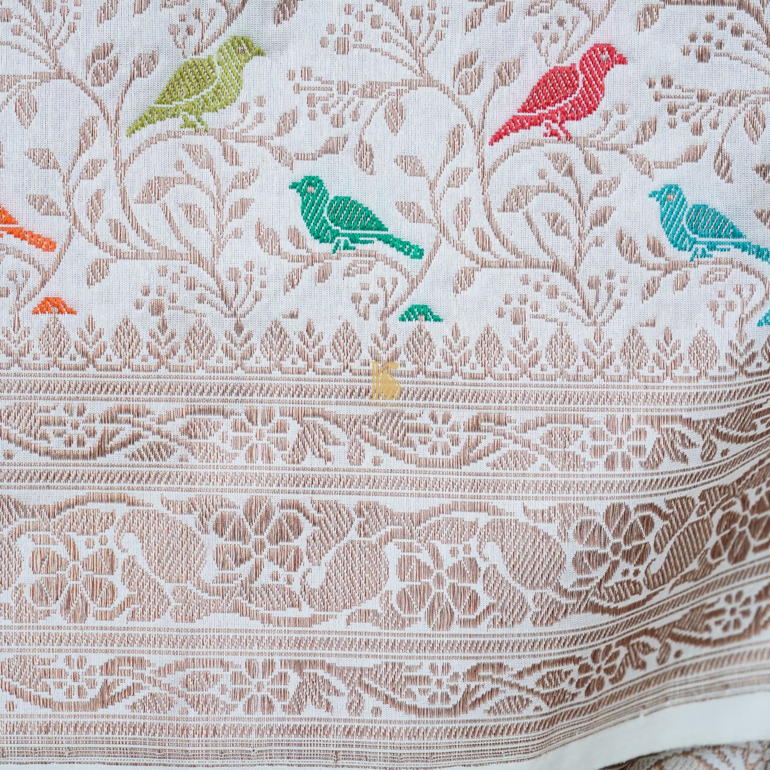 White Pure Katan Silk Handwoven Banarasi Jaal Bird Dupatta - Preorder - Khinkhwab