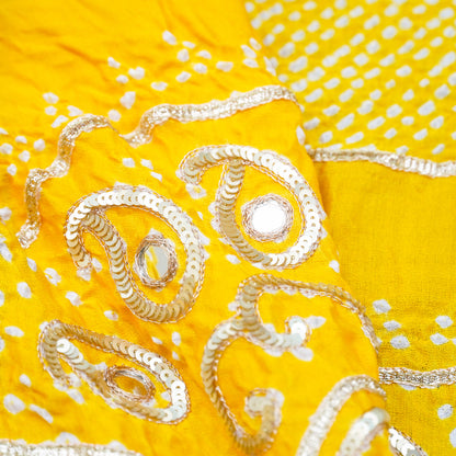 Golden Poppy Gajji Silk Bandhani Gotta Patti &amp; Mirror Work Dupatta - Khinkhwab