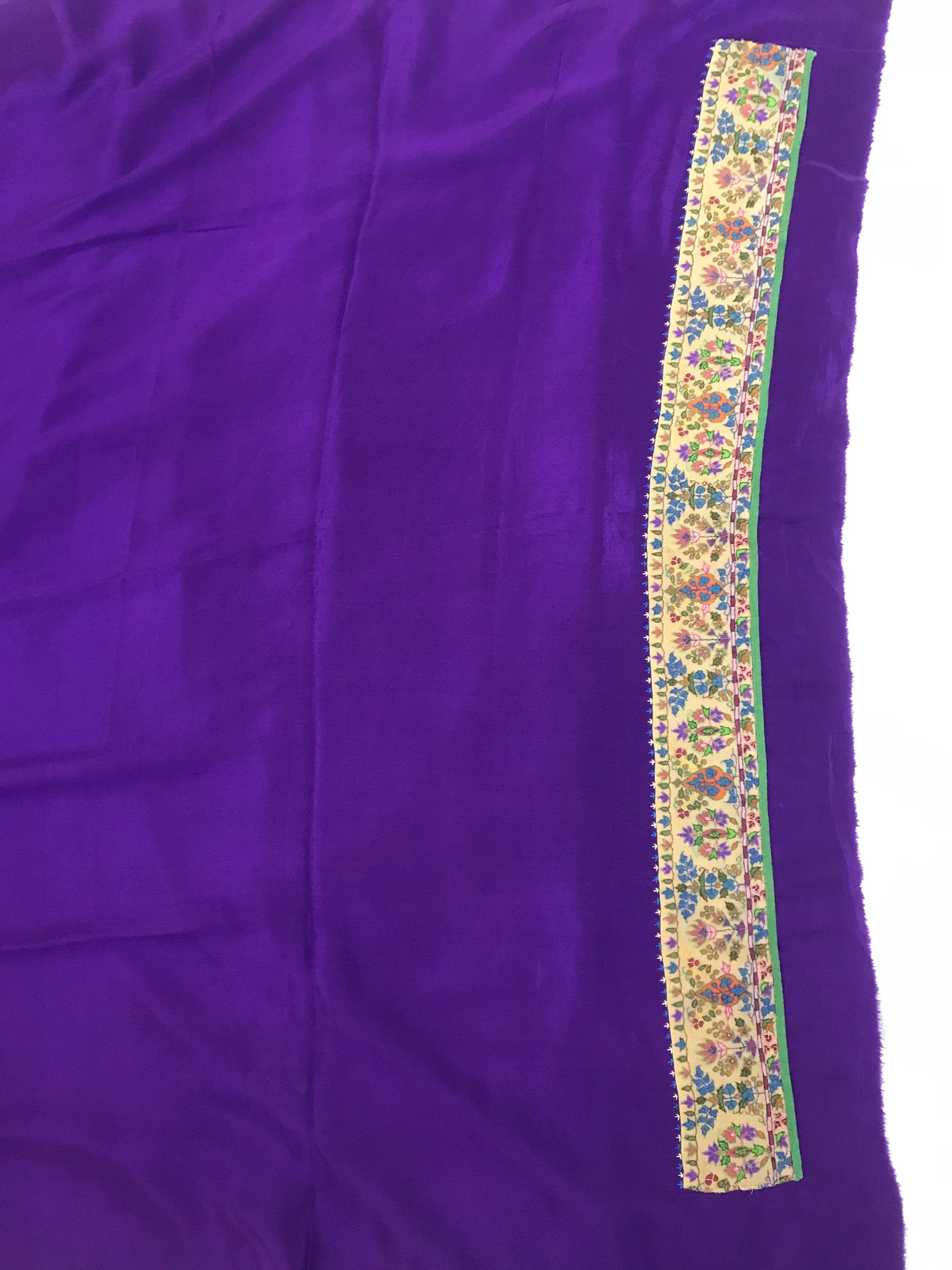 Purple Crepe Silk Kalamkari Hand Embroidery Pashmina Border Kashmiri Saree - Khinkhwab