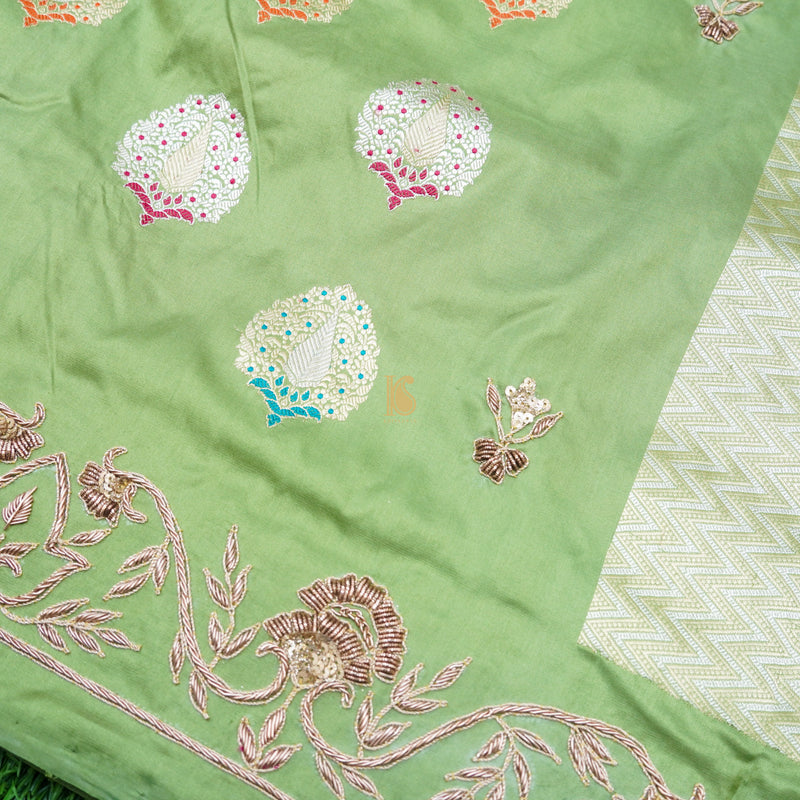 Norway Green Handwoven Banarasi Silk Mor Boota Embroidery Border Kadwa ...