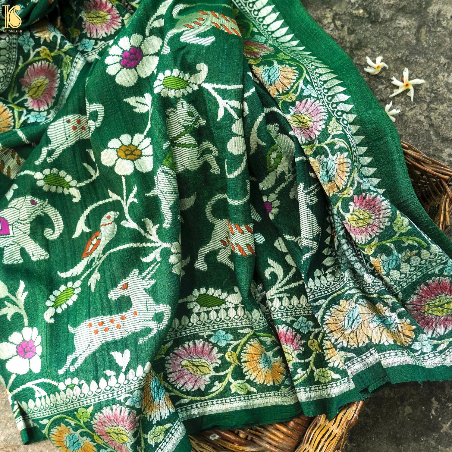 Preorder : Evening Sea Green Pure Tussar Silk Handloom Banarasi Shikargah Dupatta - Khinkhwab