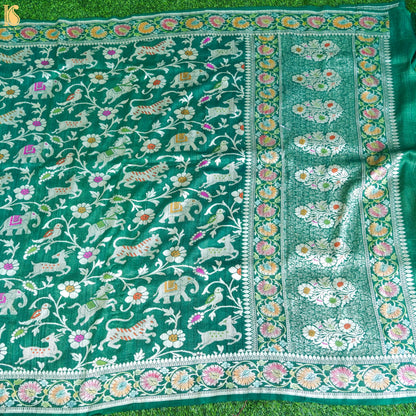 Preorder : Evening Sea Green Pure Tussar Silk Handloom Banarasi Shikargah Dupatta - Khinkhwab