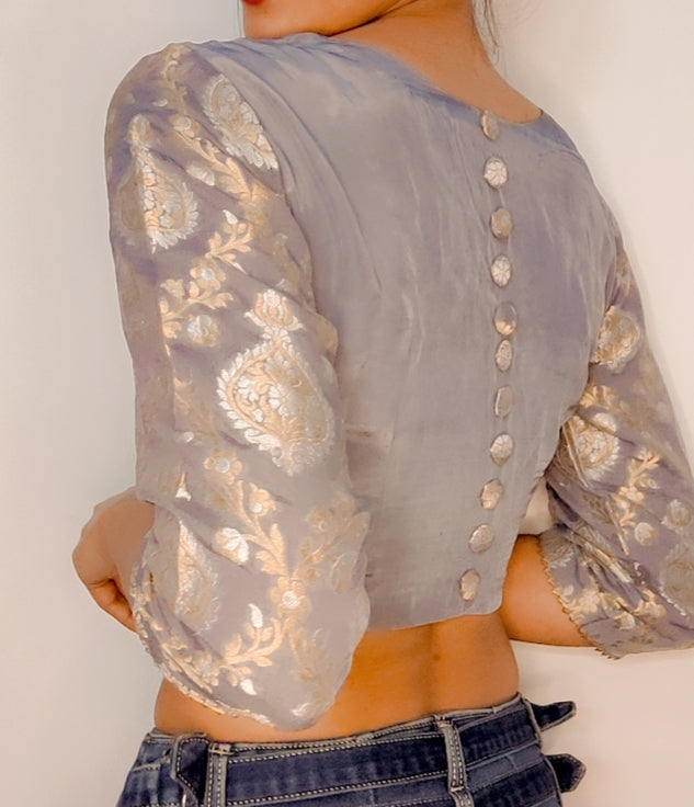 Grey Pure Silk Stitched Blouse with Georgette Sleeves - Khinkhwab
