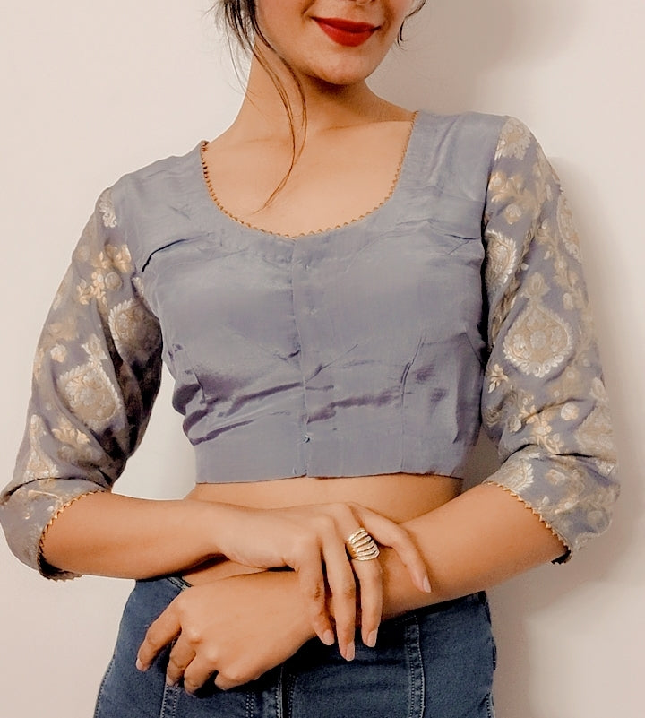 Grey Pure Silk Stitched Blouse with Georgette Sleeves - Khinkhwab