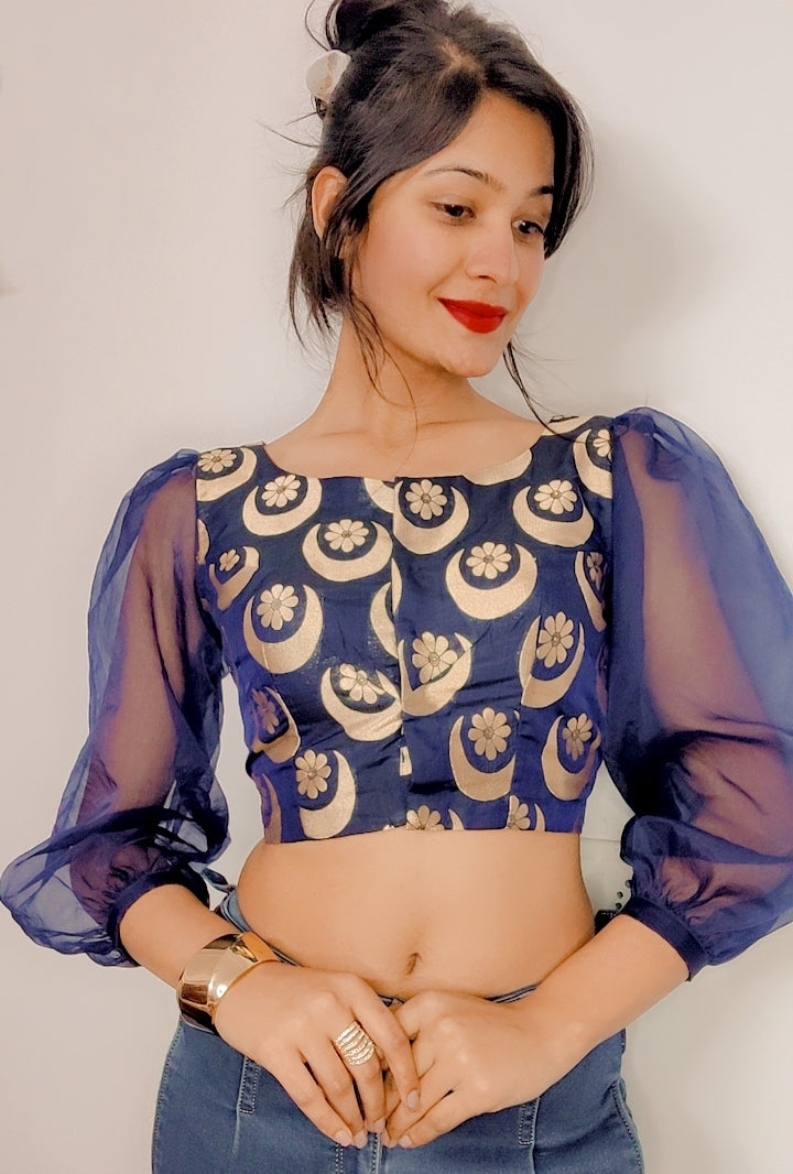 Blue Pure Banarasi Silk Stitched Blouse with Organza Sleeves - Khinkhwab
