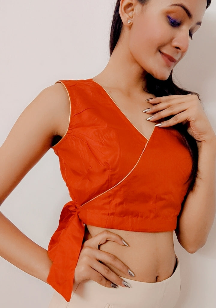 Orange Pure Silk Stitched Sleeveless Blouse - Khinkhwab