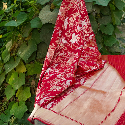 Crimson Red Pure Katan Silk Handwoven Banarasi Shikargah Dupatta - Khinkhwab