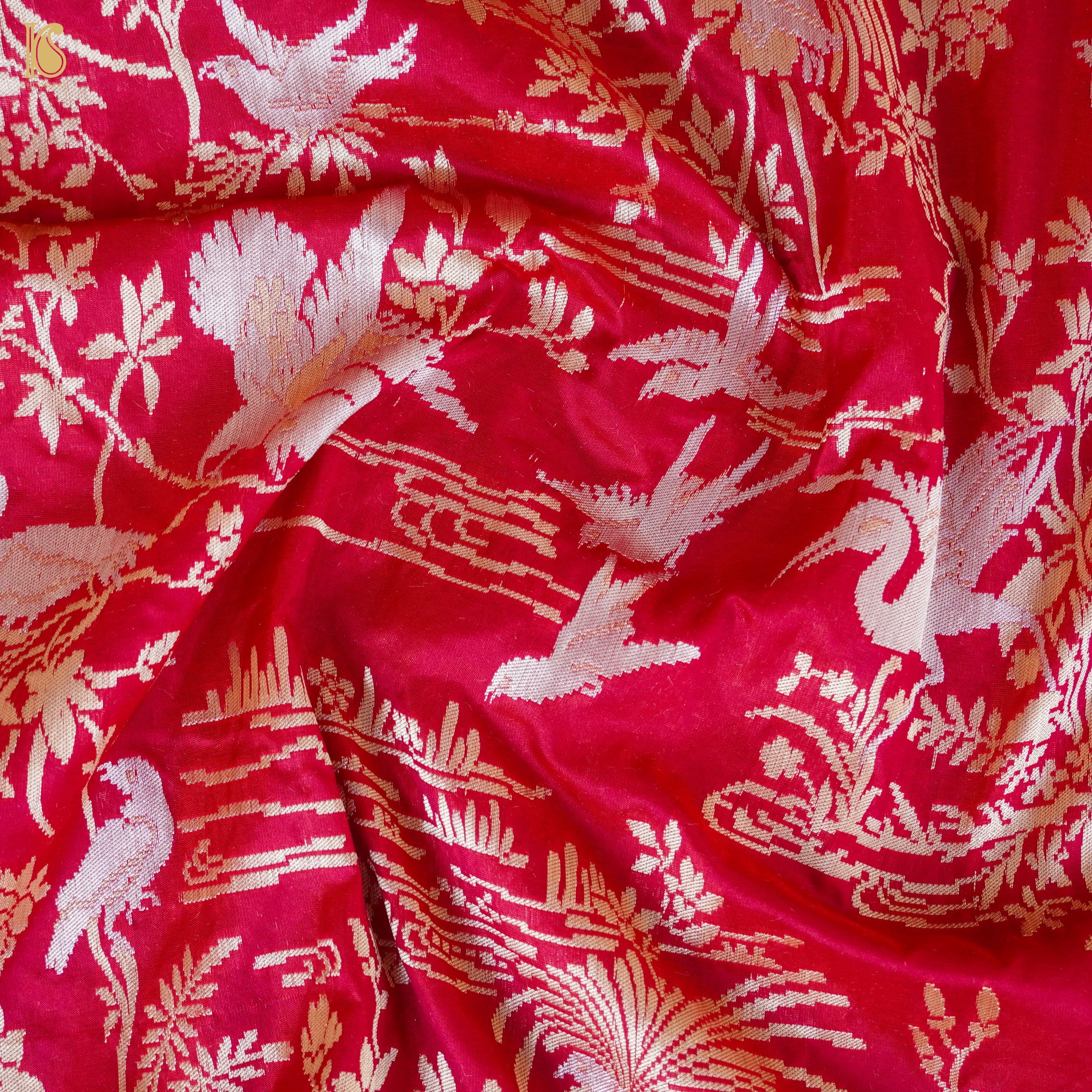Crimson Red Pure Katan Silk Handwoven Banarasi Shikargah Dupatta - Khinkhwab