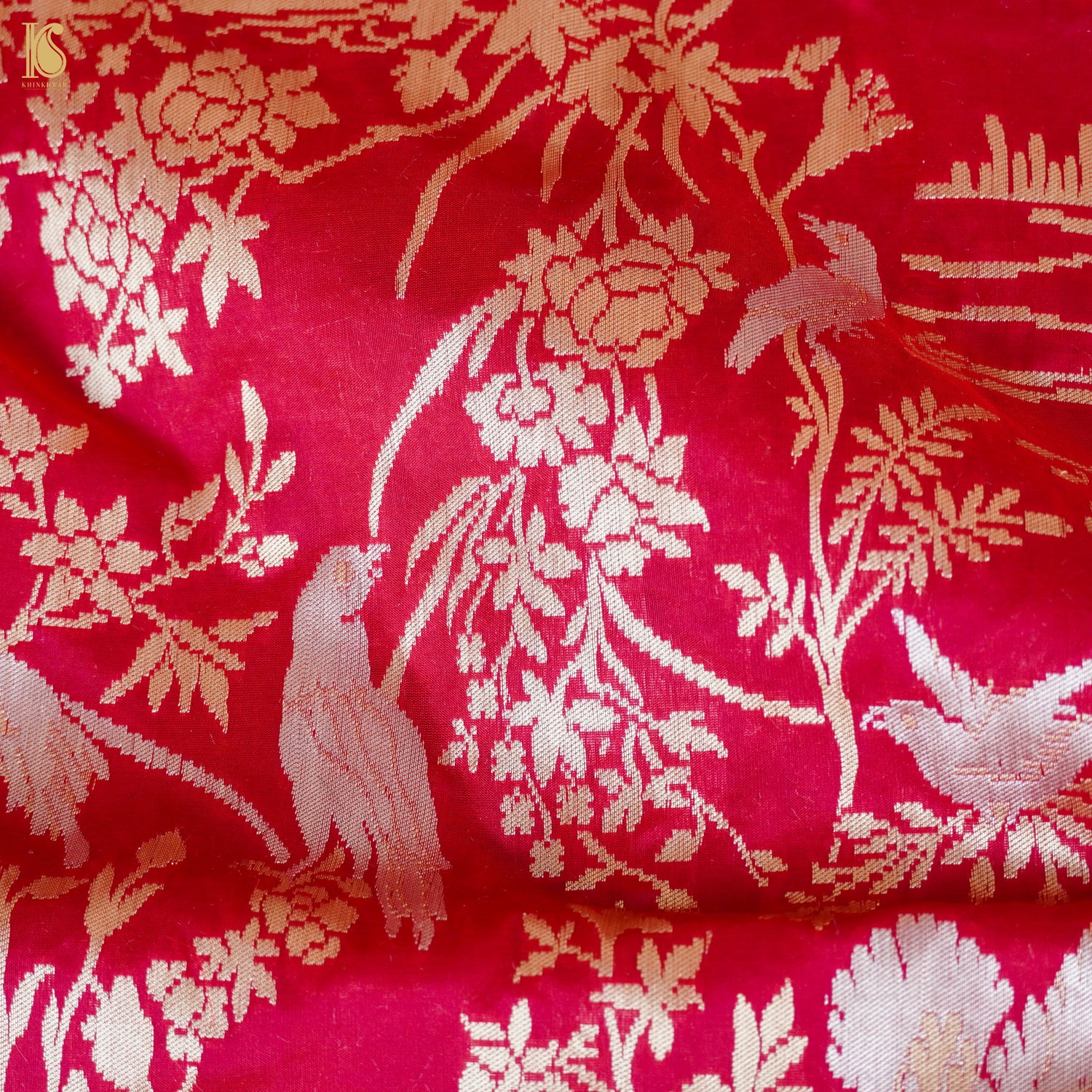 Crimson Red Pure Katan Silk Handwoven Banarasi Shikargah Dupatta - Khinkhwab
