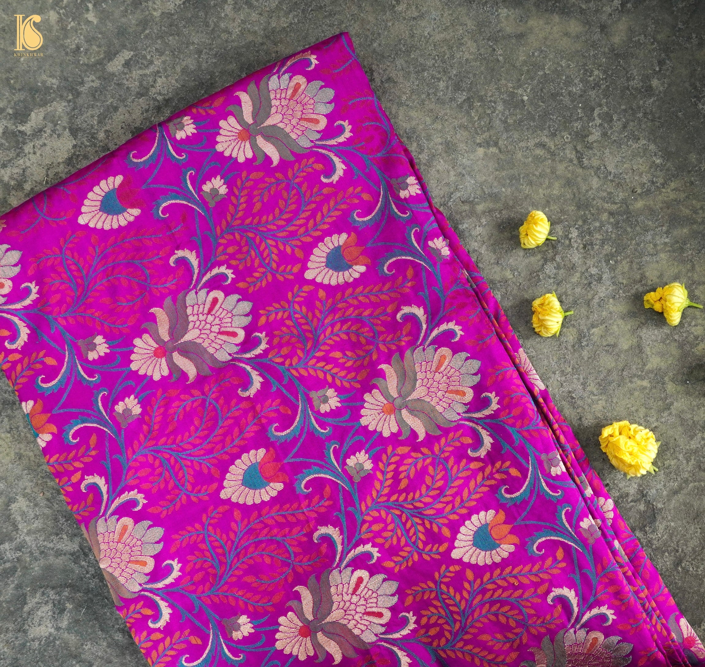 Violet Pure Katan Silk Banarasi Meenakari Fabric - Khinkhwab