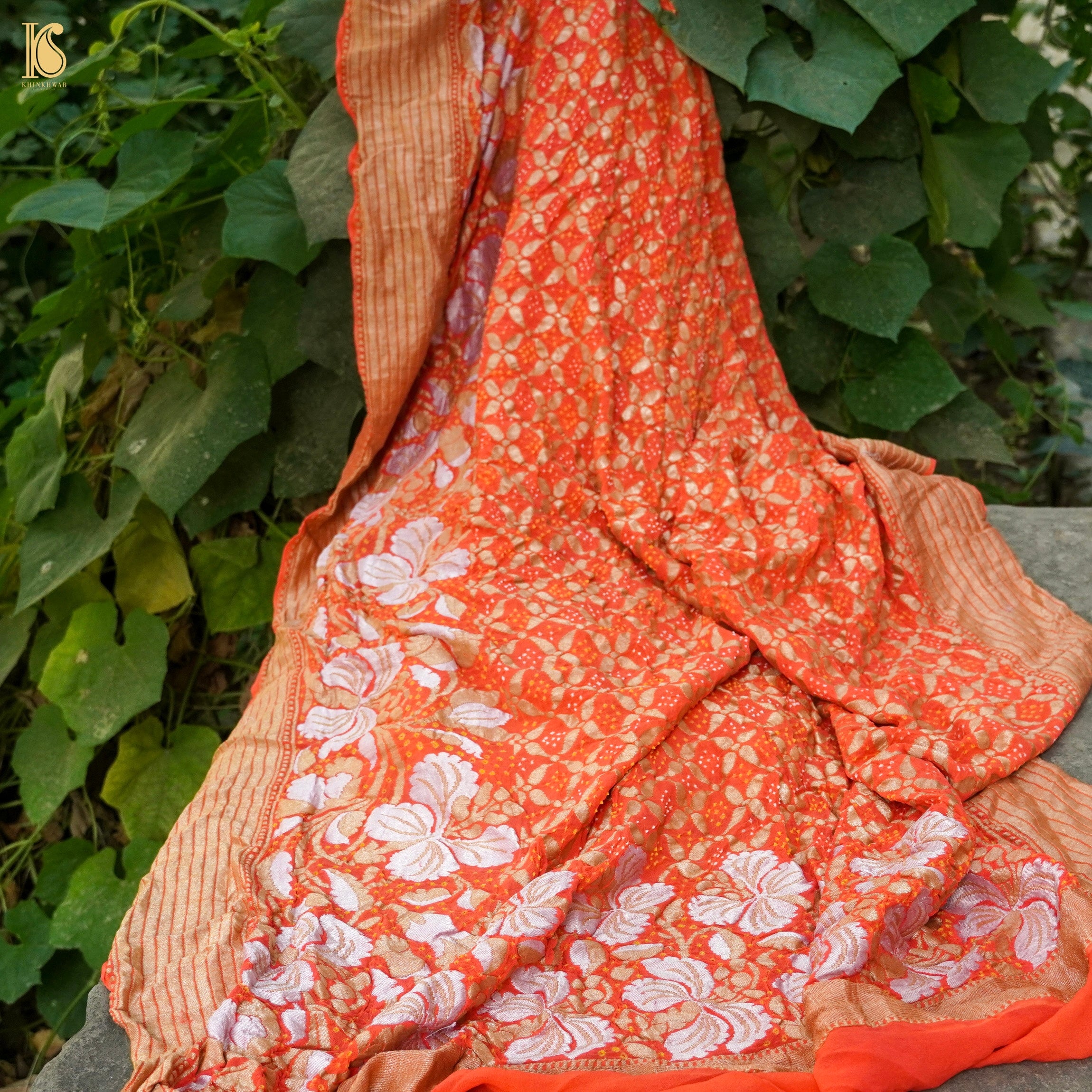 Orange Pure Georgette Handloom Banarasi Bandhani Dahlia Saree - Khinkhwab