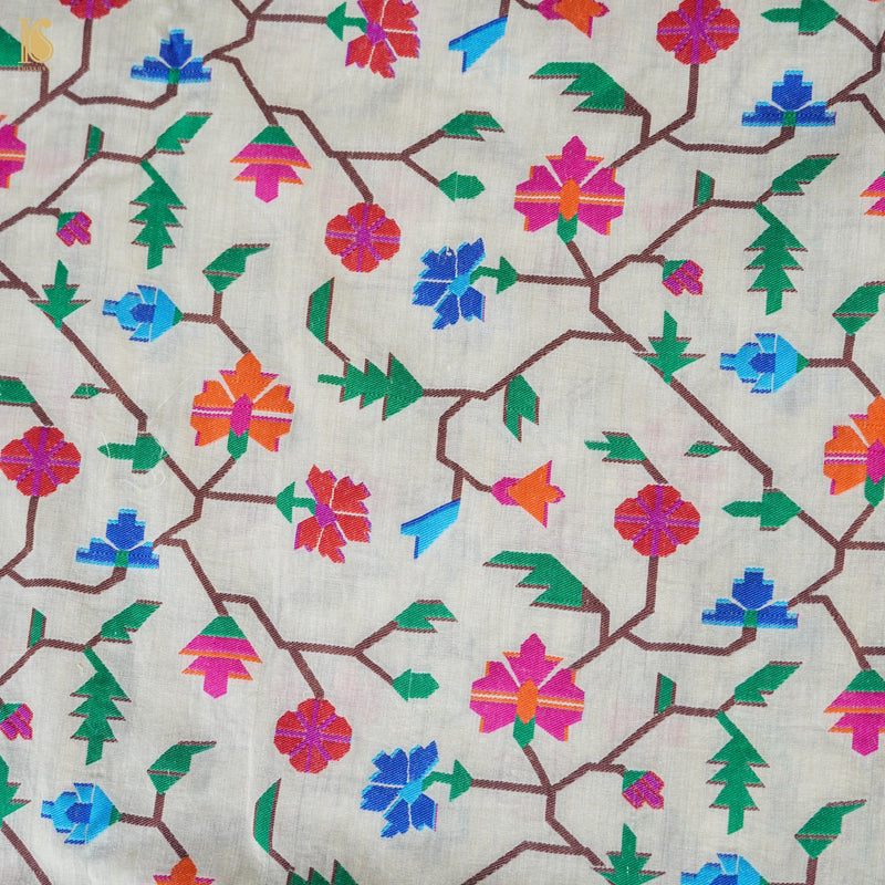 White Pure Moonga Silk Handloom Banarasi Dupatta - Khinkhwab