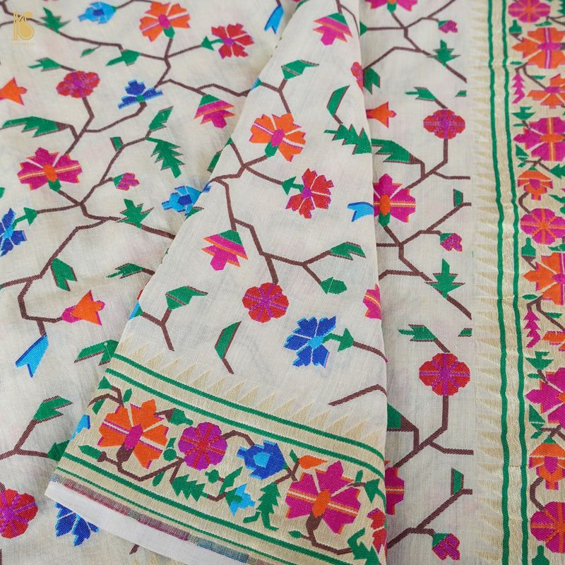 White Pure Moonga Silk Handloom Banarasi Dupatta - Khinkhwab