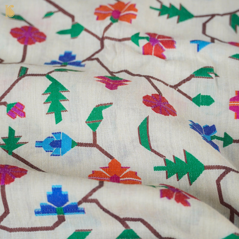 White Pure Moonga Silk Handloom Banarasi Dupatta - Khinkhwab
