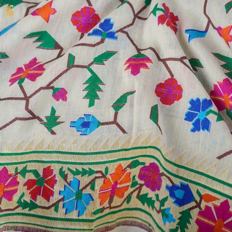 White Pure Moonga Silk Handloom Banarasi Dupatta - Khinkhwab