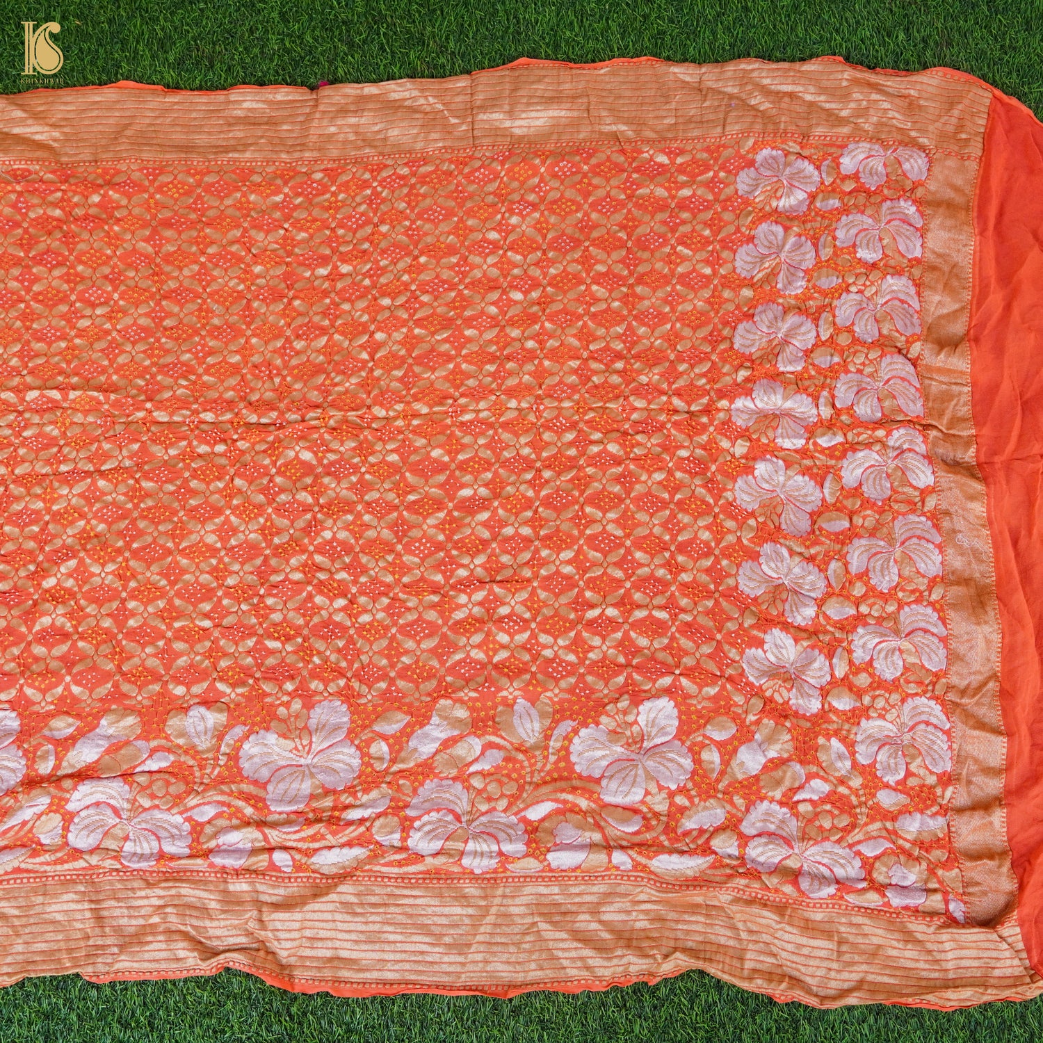 Orange Pure Georgette Handloom Banarasi Bandhani Dahlia Saree - Khinkhwab