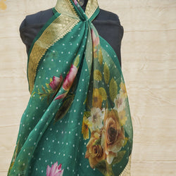 Pine Green Pure Organza Silk Floral Print Banarasi Border Saree - Khinkhwab
