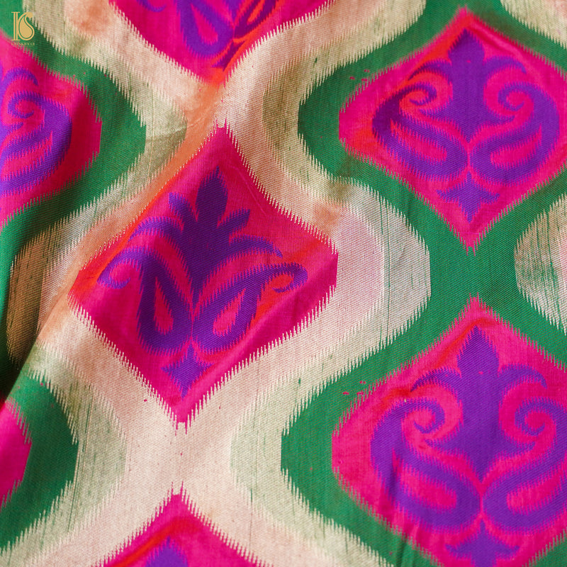 Pink & Green Pure Katan Silk Banarasi Fabric - Khinkhwab