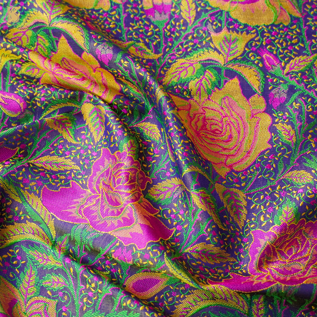 Regal Blue Pure Katan Silk Banarasi Meenakari Rose Fabric - Khinkhwab