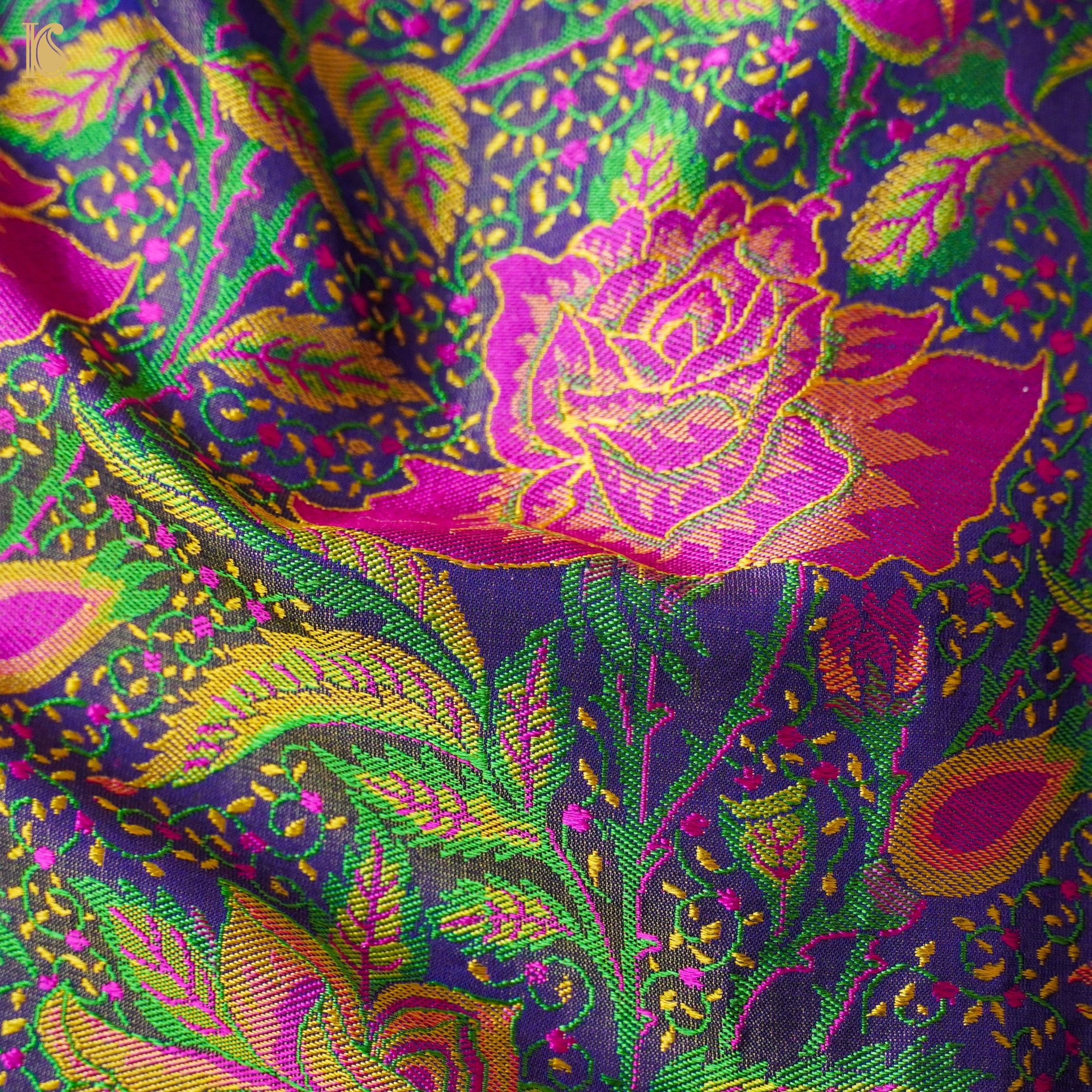 Regal Blue Pure Katan Silk Banarasi Meenakari Rose Fabric - Khinkhwab