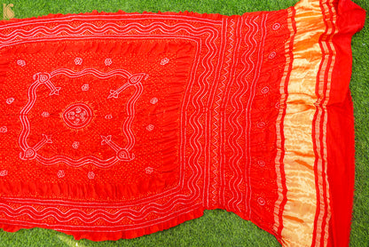 Red Pure Gajji Silk Bandhani Suit Fabric with Dupatta - Khinkhwab