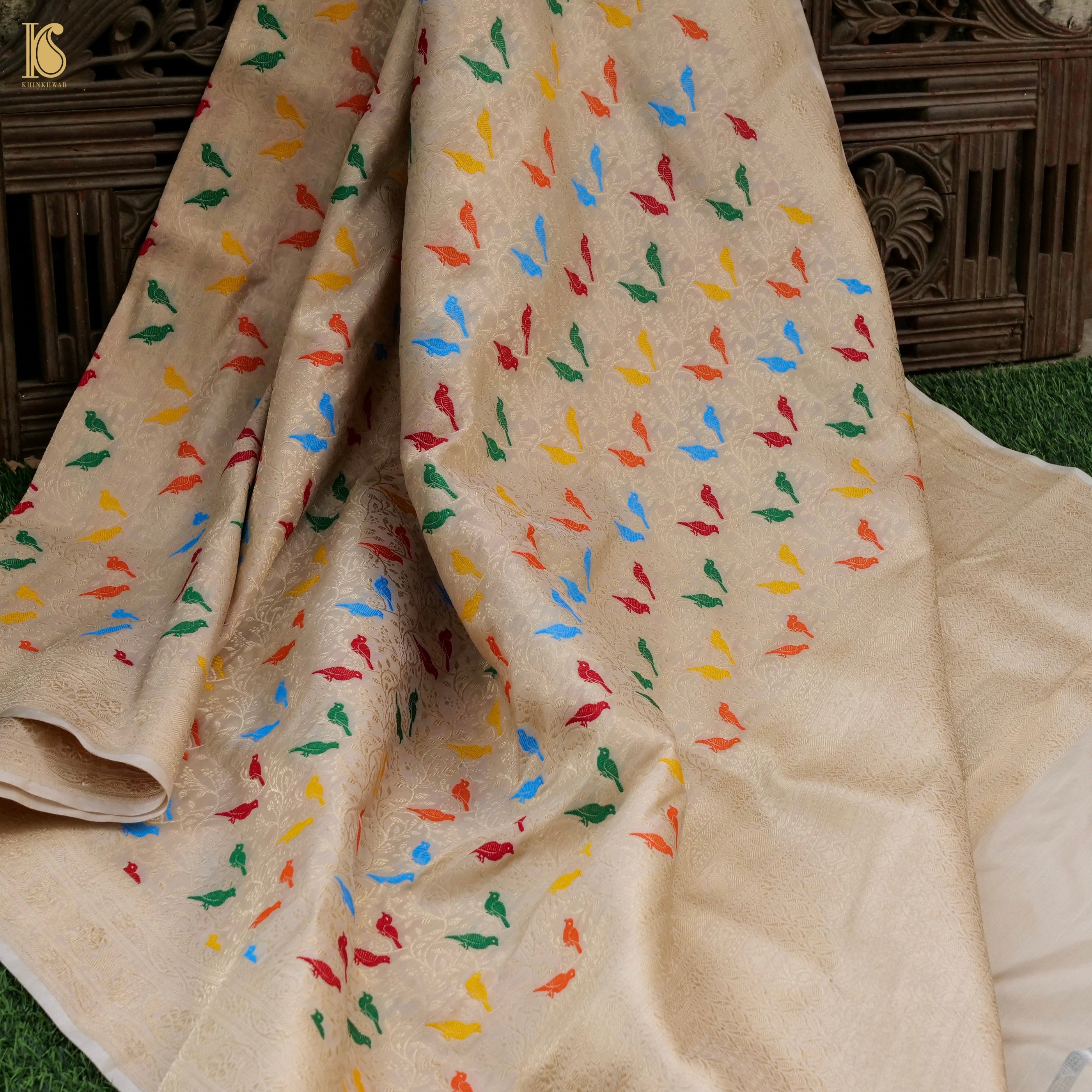 Pale Slate Pure Katan Silk Handwoven Banarasi Jaal Chidiya Dupatta - Khinkhwab