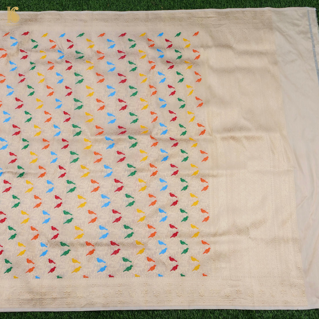 Pale Slate Pure Katan Silk Handwoven Banarasi Jaal Chidiya Dupatta - Khinkhwab