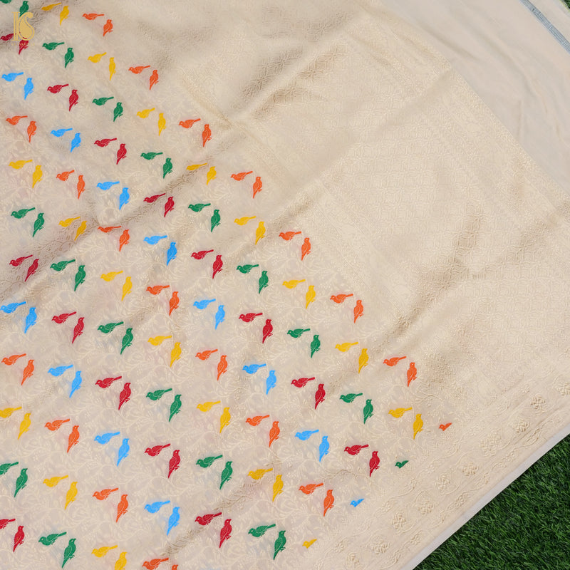 Pale Slate Pure Katan Silk Handwoven Banarasi Jaal Chidiya Dupatta - Khinkhwab