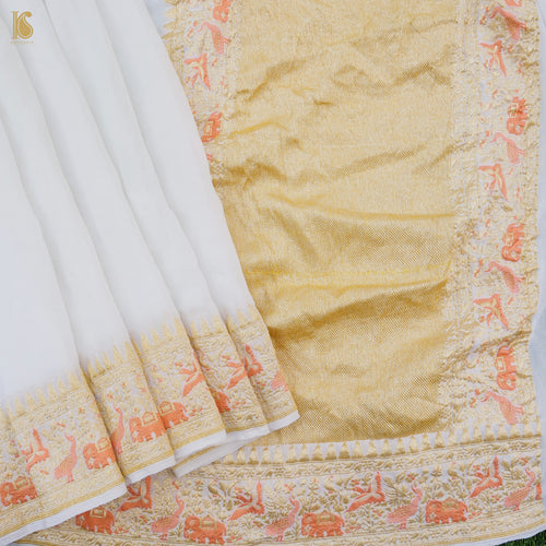 Birds of Paradise : White Pure Georgette Handloom Banarasi Saree - Khinkhwab