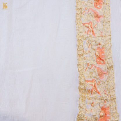 Birds of Paradise : White Pure Georgette Handloom Banarasi Saree - Khinkhwab
